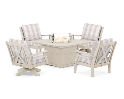 POLYWOOD® Braxton 5-Piece Deep Seating Set with Fire Table in Sand / Buffalo Plaid Dune Burlap