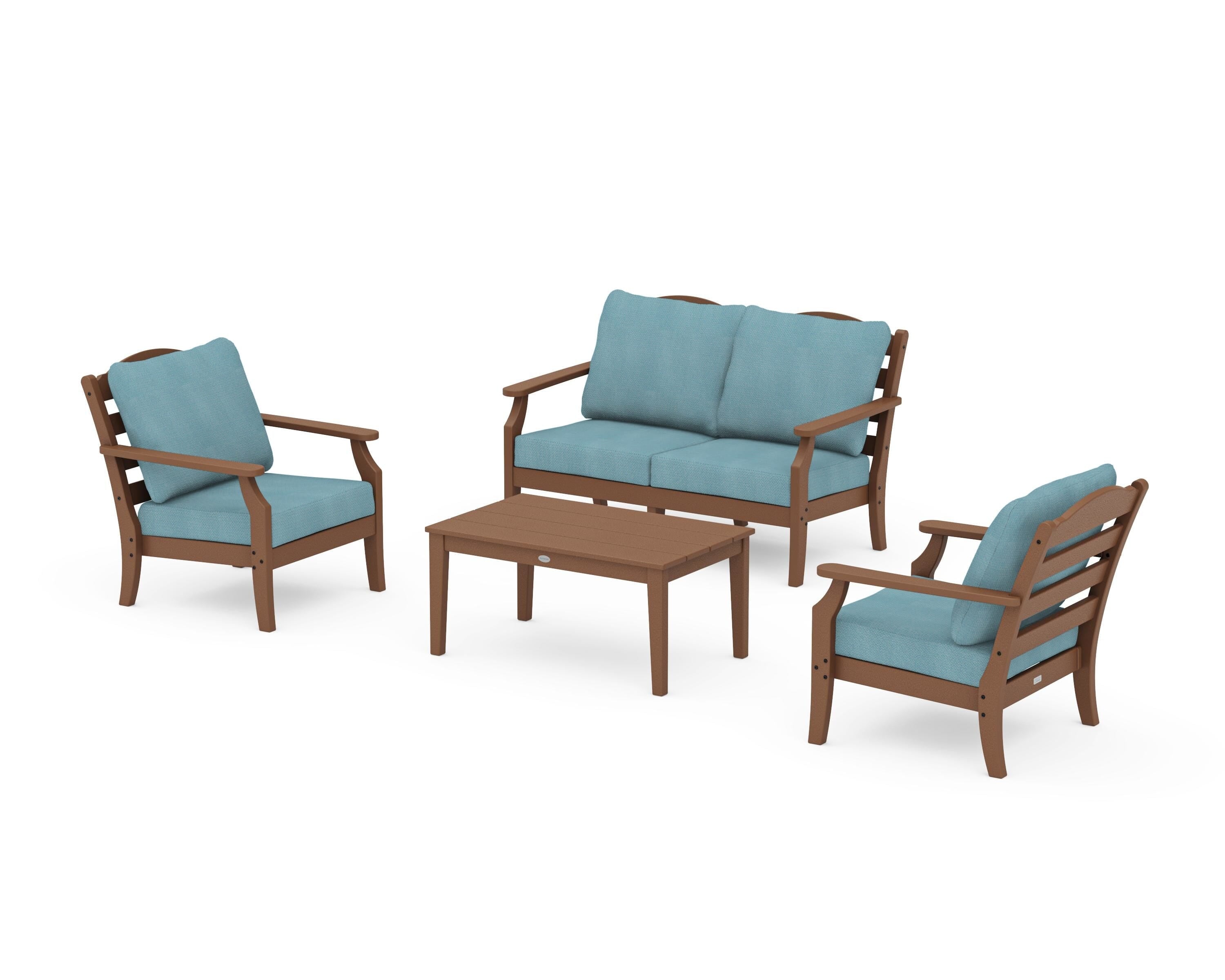 Draper James™ by  POLYWOOD® Savannah 4-Piece Deep Seating Set with Loveseat in Teak / Lattice Sky Blue