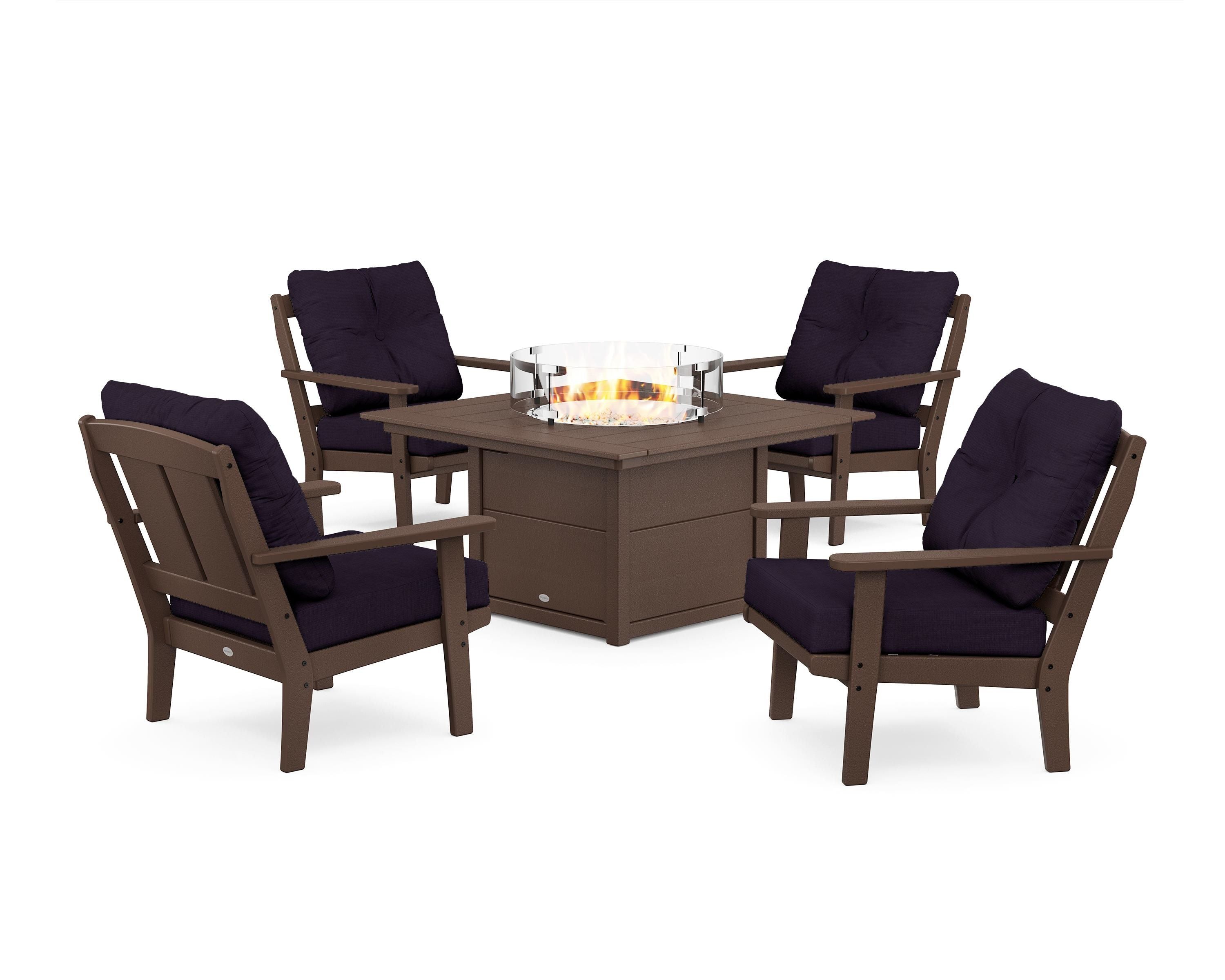POLYWOOD® Mission 5-Piece Deep Seating Set with Fire Pit Table in Mahogany / Navy Linen