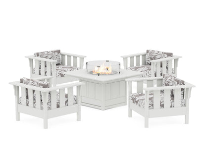 Martha Stewart by POLYWOOD® Acadia 5-Piece Deep Seating Set with Fire Pit Table in White / Leaf Grey Mist