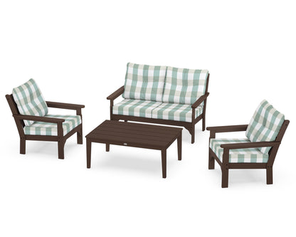 POLYWOOD® Vineyard 4-Piece Deep Seating Set in Mahogany / Buffalo Plaid Glacier Spa