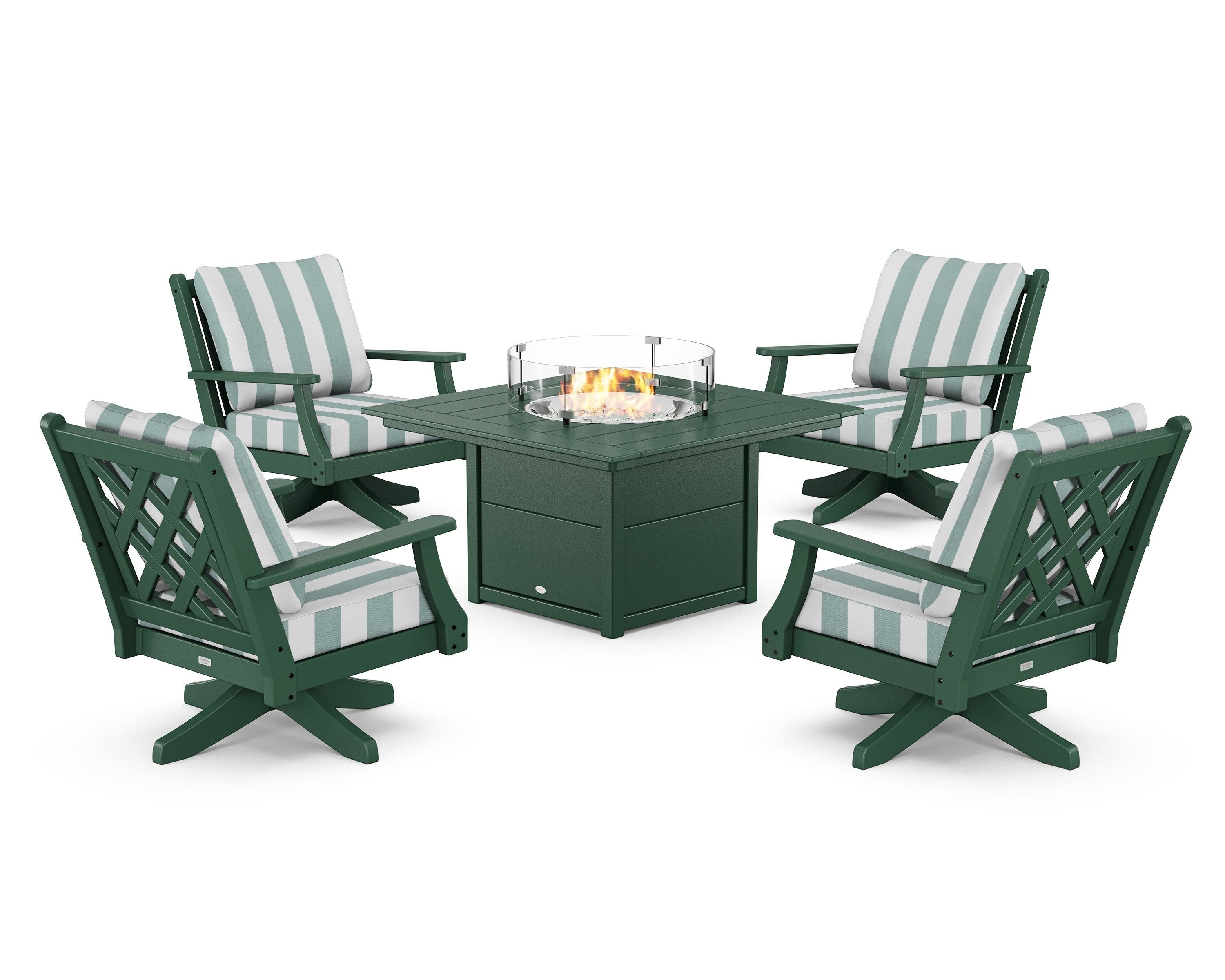 Country Living Wovendale 5-Piece Deep Seating Swivel Conversation Set with Fire Pit Table in Green / Cabana Stripe Glacier Spa