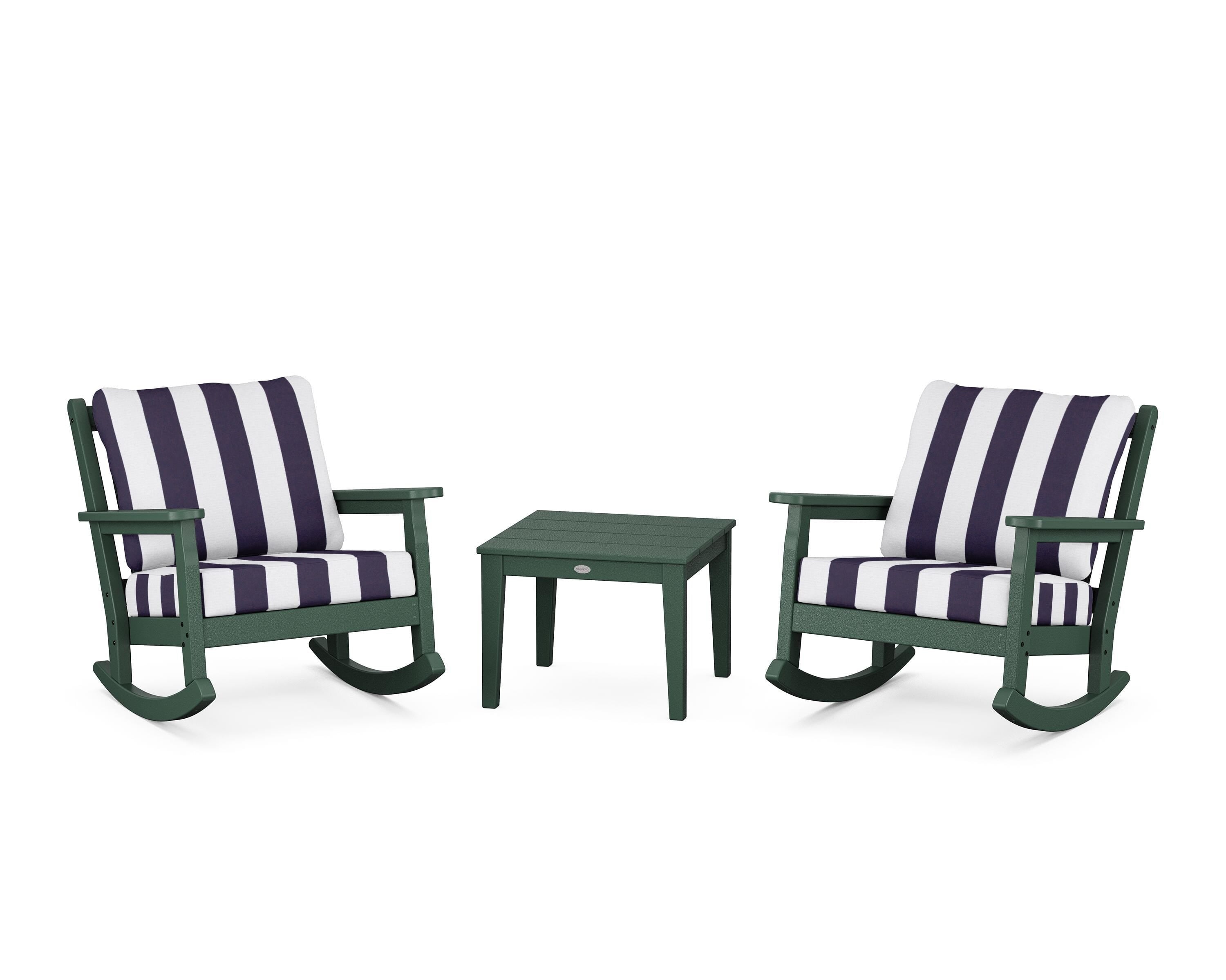 POLYWOOD® Chippendale 3-Piece Deep Seating Rocker Set in Green / Cabana Stripe Navy