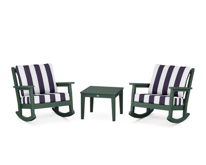 POLYWOOD® Chippendale 3-Piece Deep Seating Rocker Set in Green / Cabana Stripe Navy