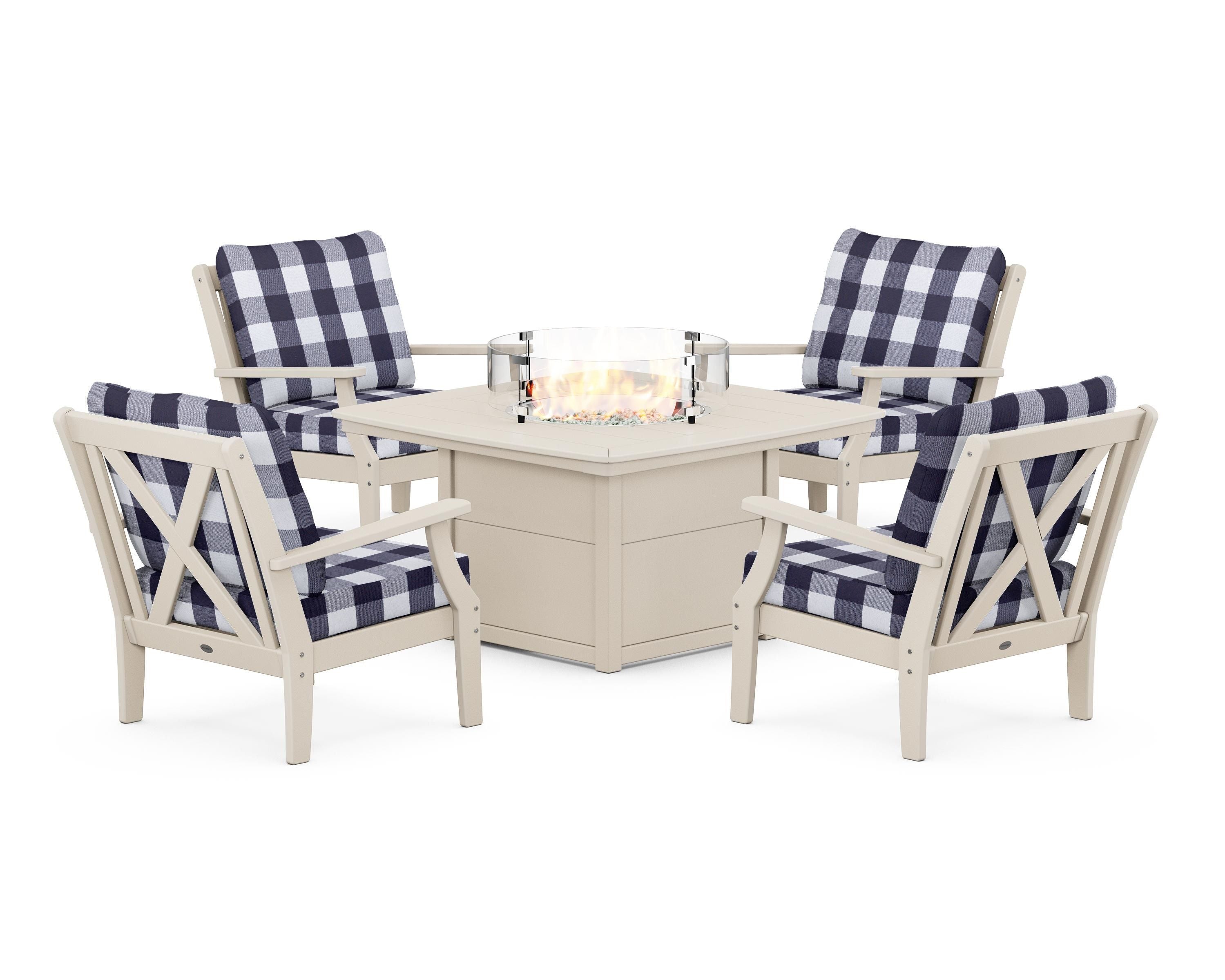 POLYWOOD® Braxton 5-Piece Deep Seating Conversation Set with Fire Pit Table in Sand / Buffalo Plaid Navy