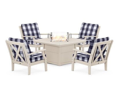 POLYWOOD® Braxton 5-Piece Deep Seating Conversation Set with Fire Pit Table in Sand / Buffalo Plaid Navy