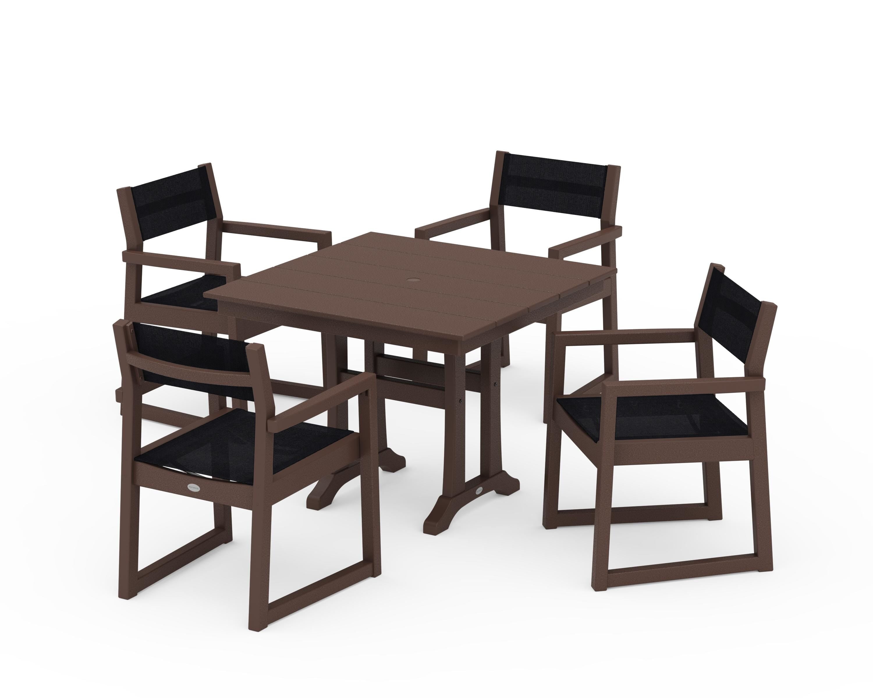 POLYWOOD® EDGE Sling 5-Piece Farmhouse Dining Set with Trestle Legs in Mahogany / Black Sling