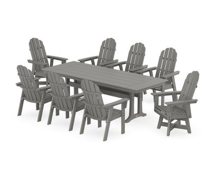 POLYWOOD® Vineyard 9-Piece Curveback Adirondack Swivel Farmhouse Dining Set with Trestle Legs in Slate Grey