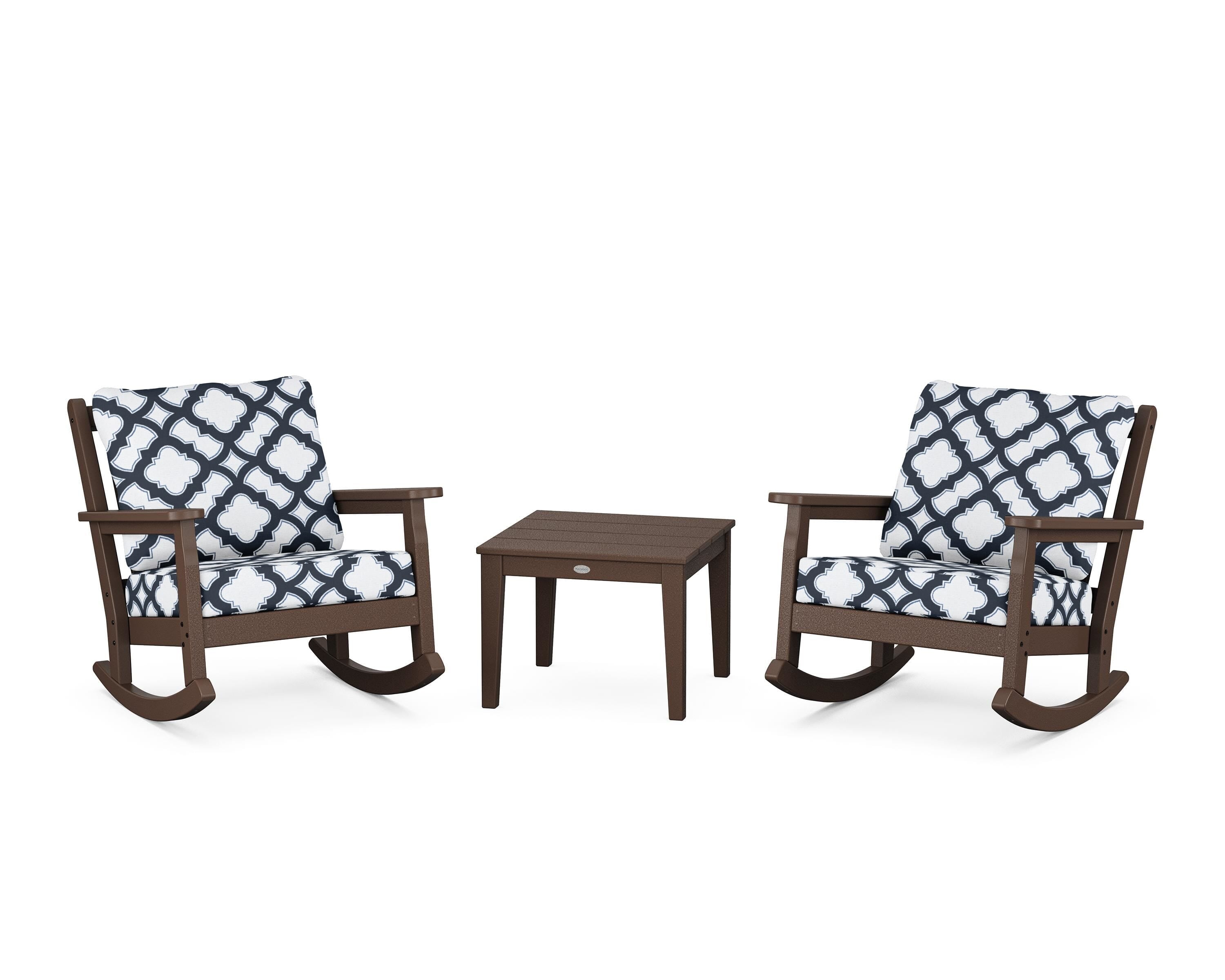 POLYWOOD® Chippendale 3-Piece Deep Seating Rocker Set in Mahogany / Trellis Marine Indigo