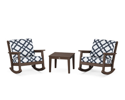 POLYWOOD® Chippendale 3-Piece Deep Seating Rocker Set in Mahogany / Trellis Marine Indigo