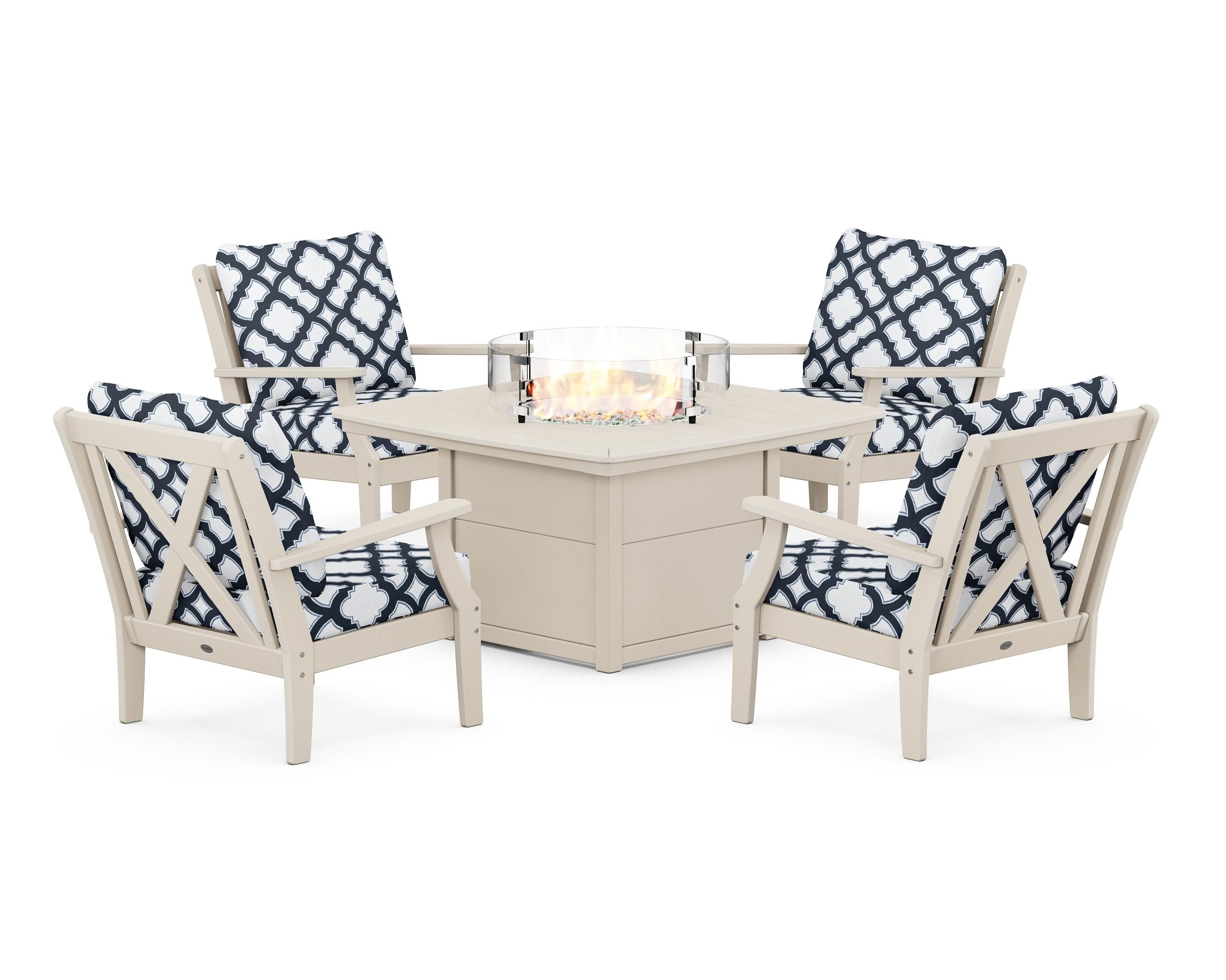 POLYWOOD® Braxton 5-Piece Deep Seating Conversation Set with Fire Pit Table in Sand / Trellis Marine Indigo