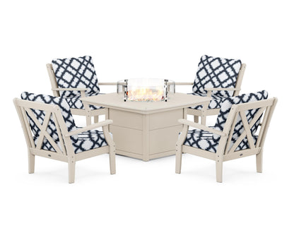 POLYWOOD® Braxton 5-Piece Deep Seating Conversation Set with Fire Pit Table in Sand / Trellis Marine Indigo