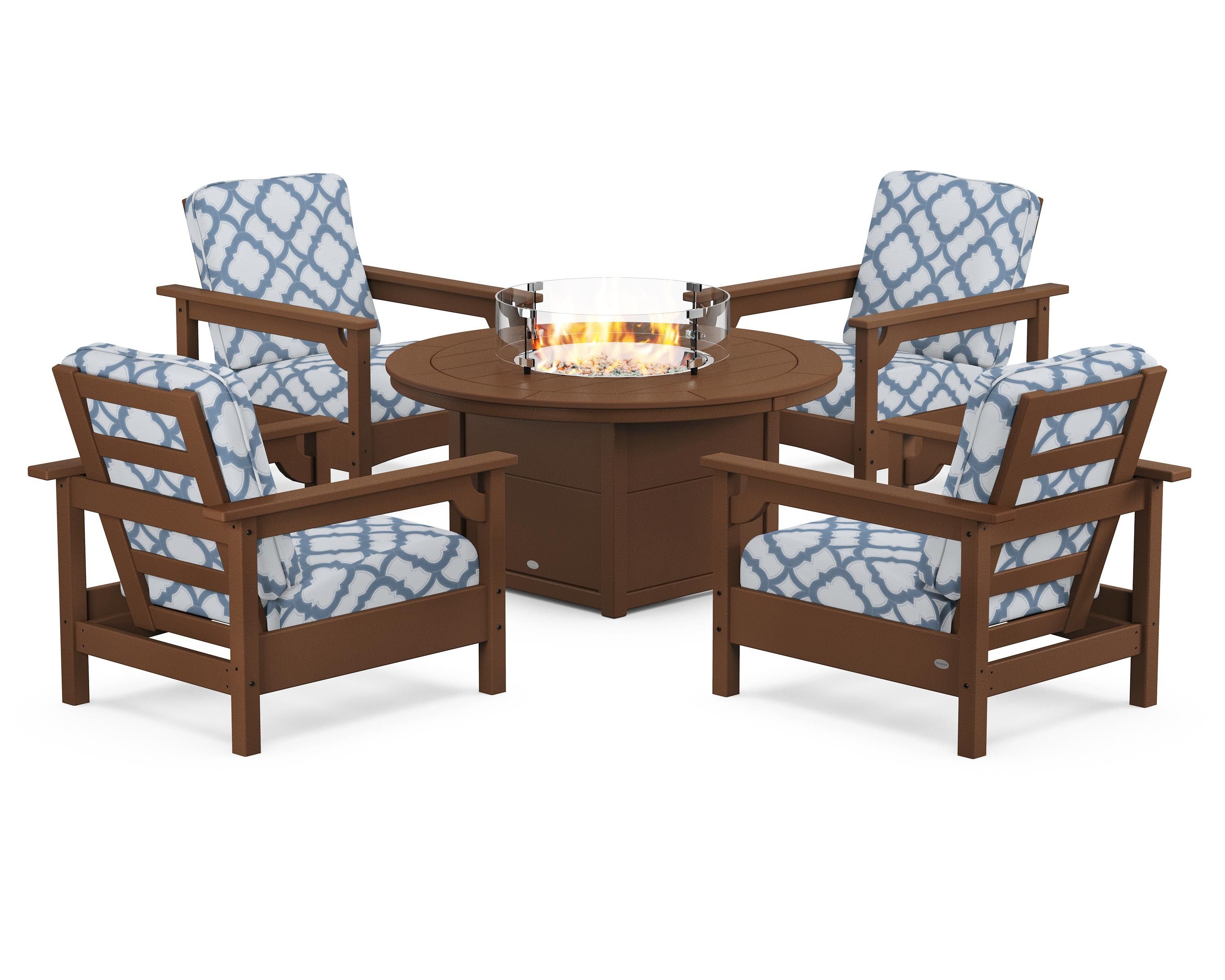 POLYWOOD® Club 5-Piece Conversation Set with Fire Pit Table in Teak / Trellis Sky Blue