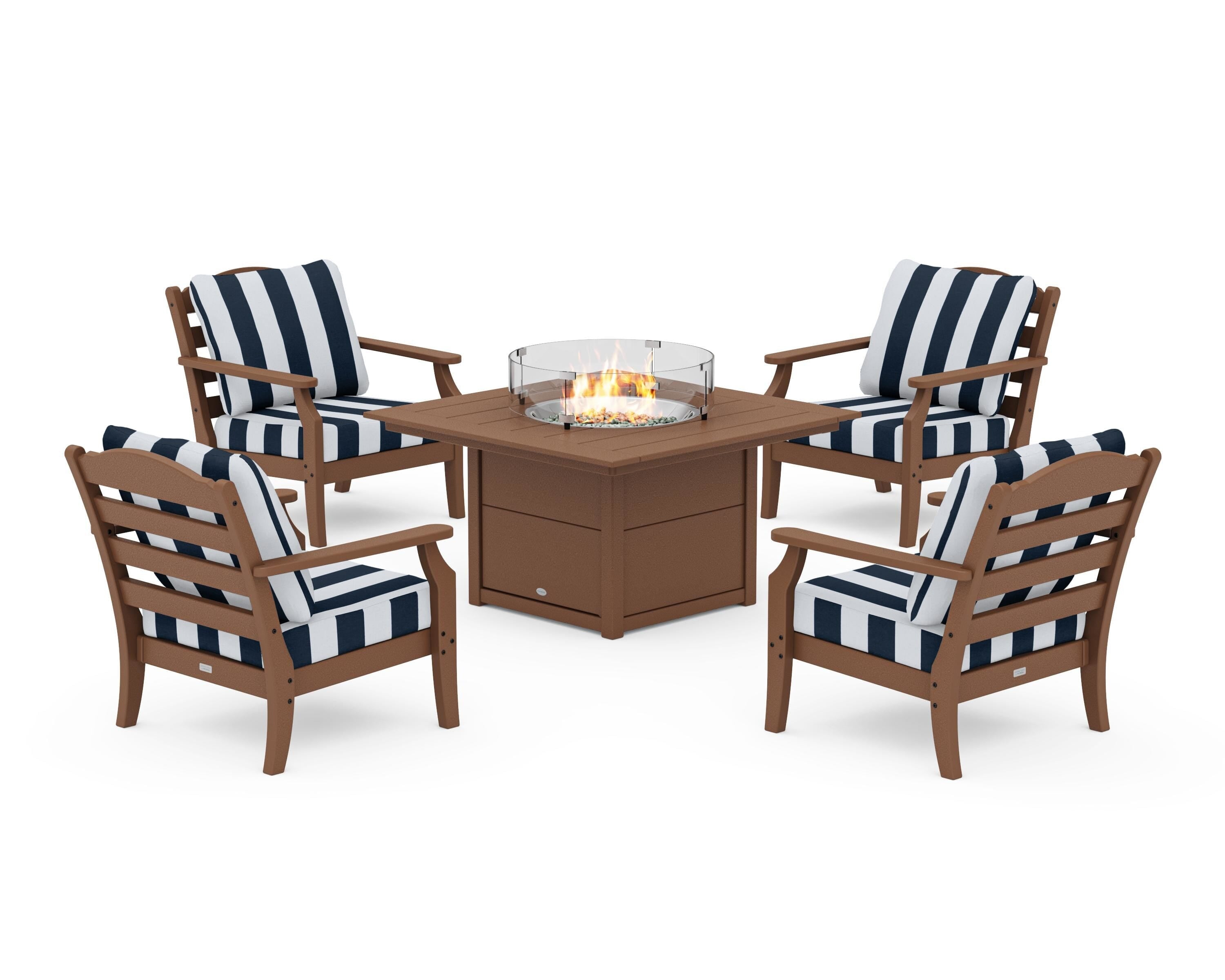 Draper James™ by  POLYWOOD® Savannah 5-Piece Deep Seating Set with Fire Pit Table in Teak / Cabana Stripe Marine Indigo