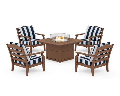 Draper James™ by  POLYWOOD® Savannah 5-Piece Deep Seating Set with Fire Pit Table in Teak / Cabana Stripe Marine Indigo