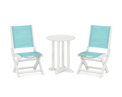 POLYWOOD® Coastal Folding Side Chair 3-Piece Round Bistro Dining Set in White / Dupioni Aquamarine Sling