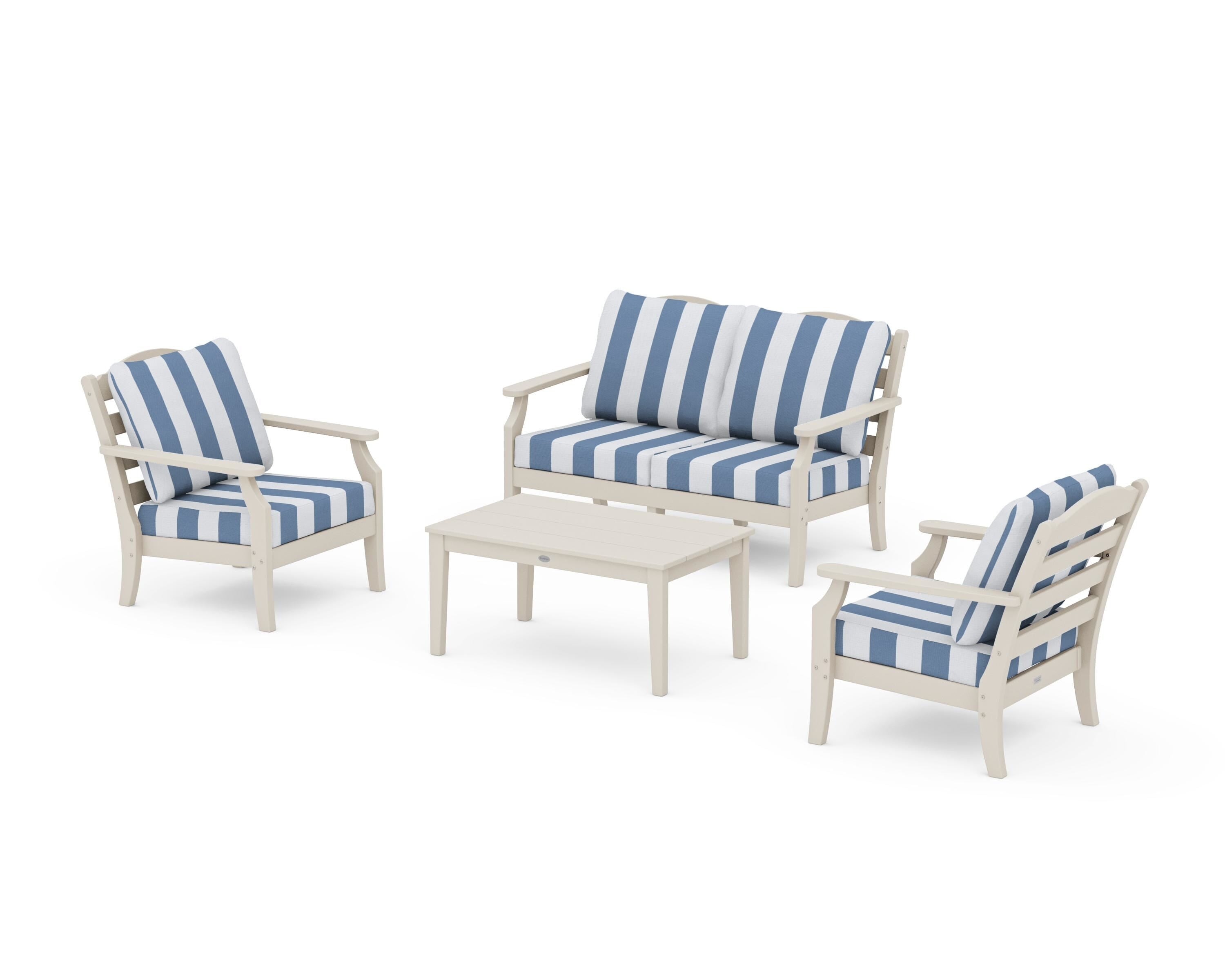 Draper James™ by  POLYWOOD® Savannah 4-Piece Deep Seating Set with Loveseat in Sand / Cabana Stripe Sky Blue