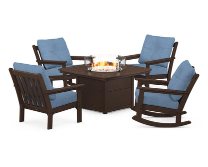 POLYWOOD® Vineyard 5-Piece Deep Seating Rocking Chair Conversation Set with Fire Pit Table in Mahogany / Sky Blue