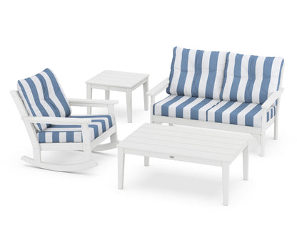 POLYWOOD® Vineyard 4-Piece Deep Seating Rocker Set in White / Cabana Stripe Sky Blue