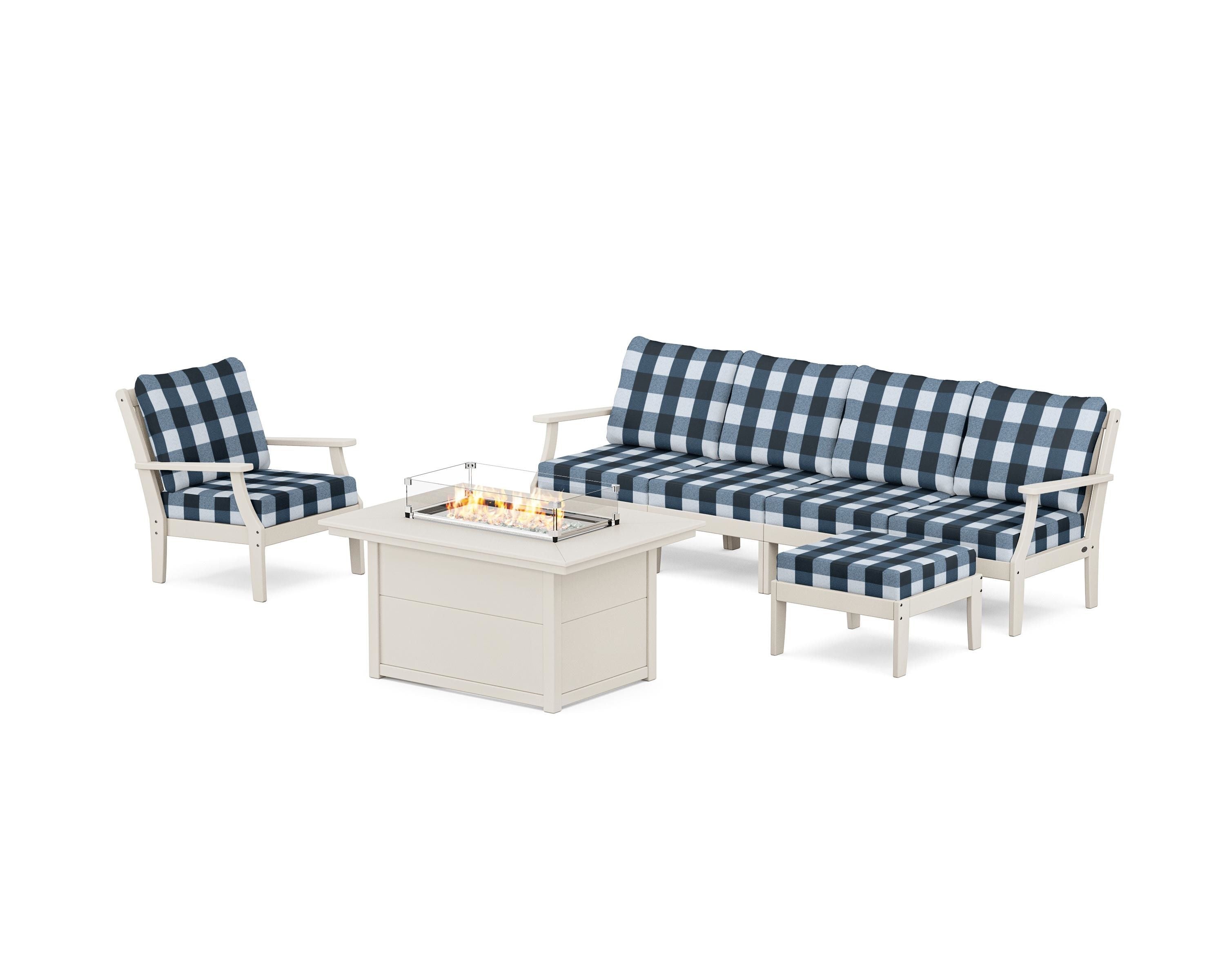 POLYWOOD® Braxton Sectional Lounge and Fire Pit Set in Sand / Buffalo Plaid Marine Indigo
