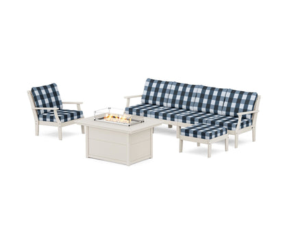 POLYWOOD® Braxton Sectional Lounge and Fire Pit Set in Sand / Buffalo Plaid Marine Indigo
