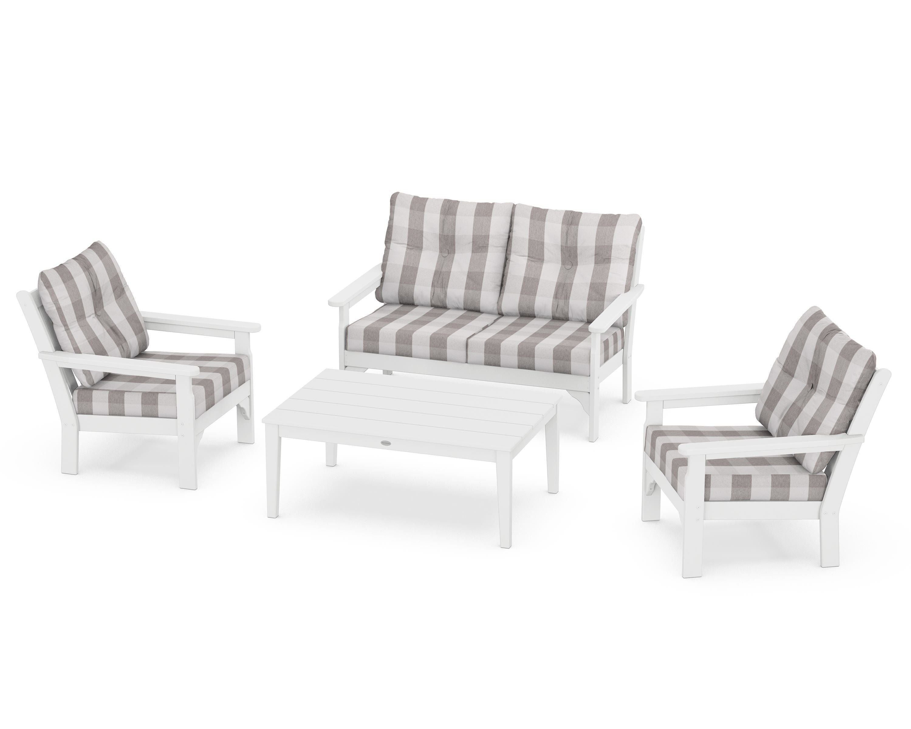 POLYWOOD® Vineyard 4-Piece Deep Seating Set in White / Buffalo Plaid Grey Mist