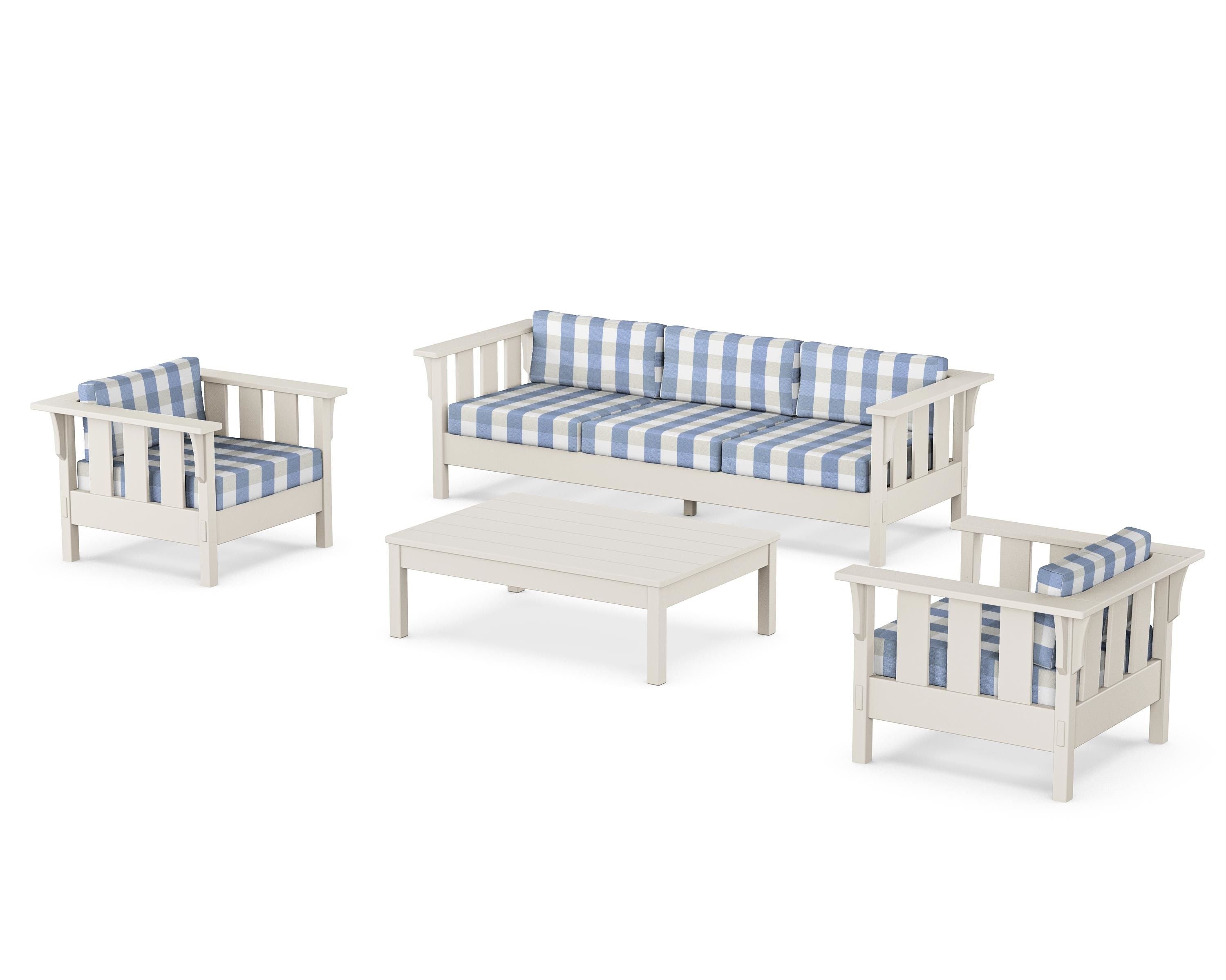 Martha Stewart by POLYWOOD® Acadia 4-Piece Deep Seating Set with Sofa in Sand / Buffalo Plaid Sky Blue