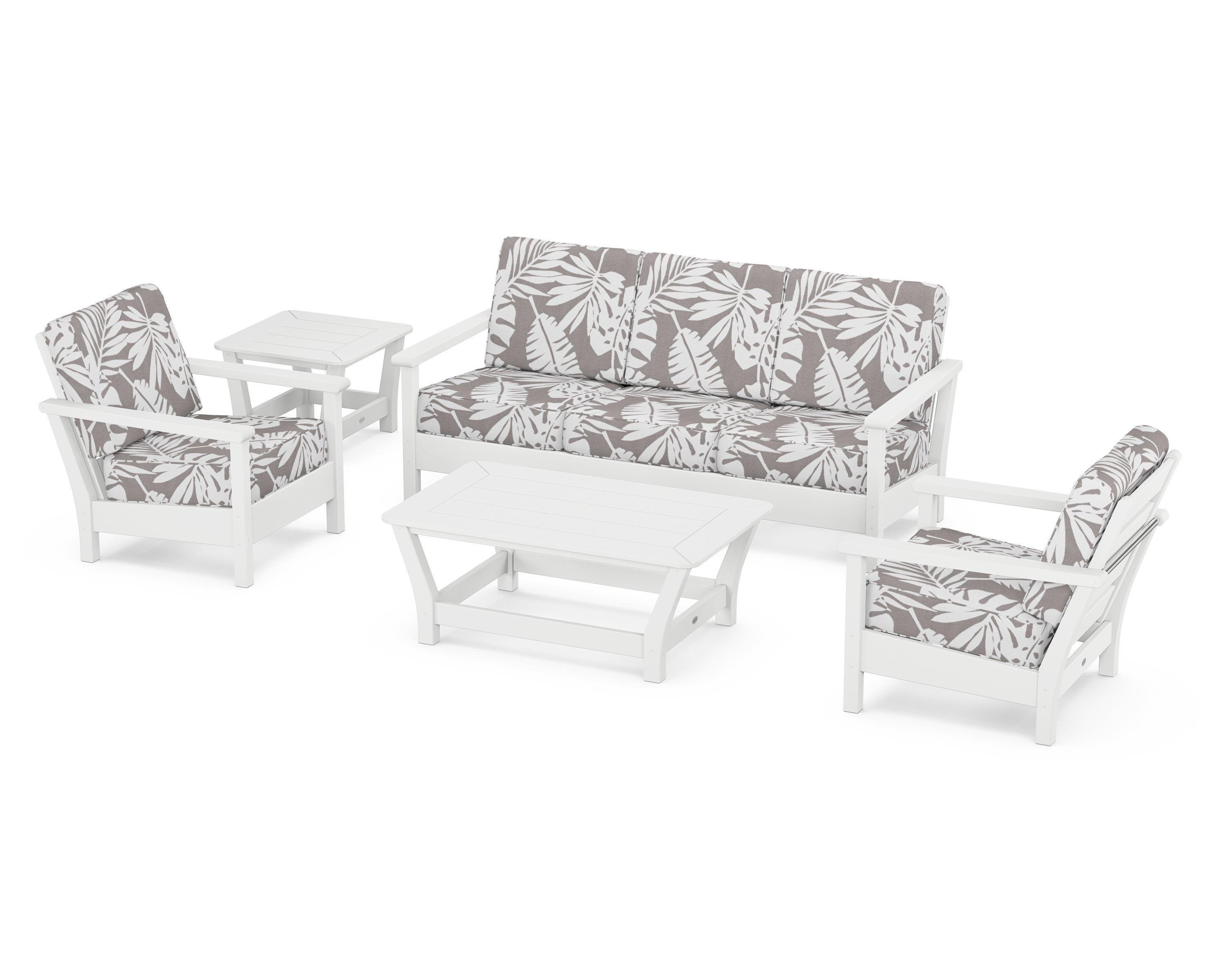 POLYWOOD® Harbour 5-Piece Deep Seating Set in White / Leaf Grey Mist