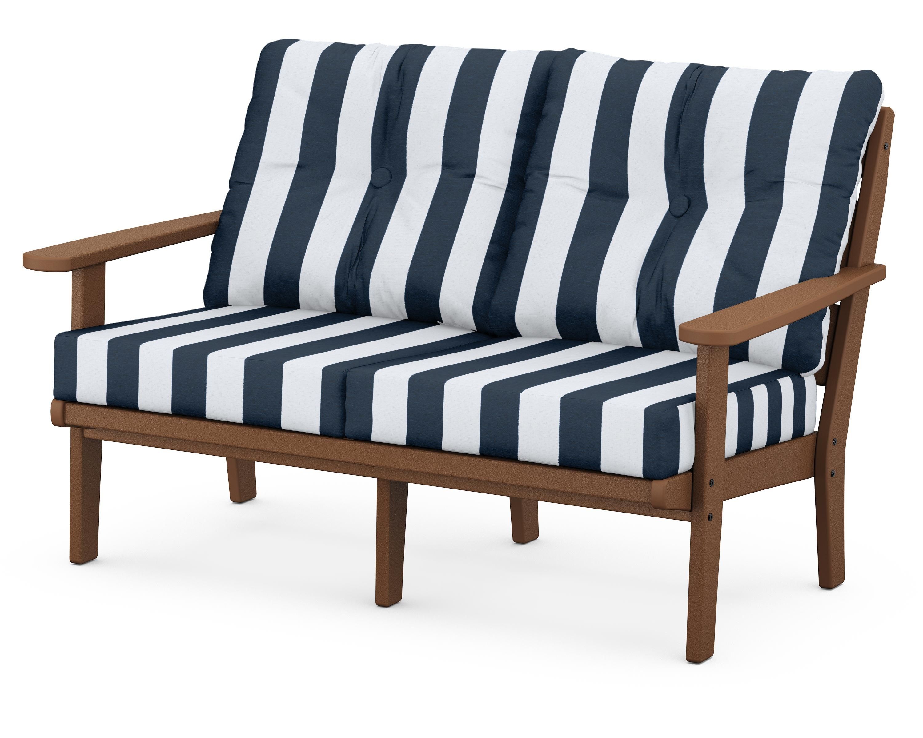 POLYWOOD® Lakeside Deep Seating Loveseat in Teak / Cabana Stripe Marine Indigo