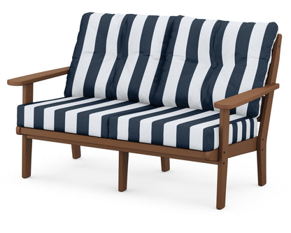POLYWOOD® Lakeside Deep Seating Loveseat in Teak / Cabana Stripe Marine Indigo