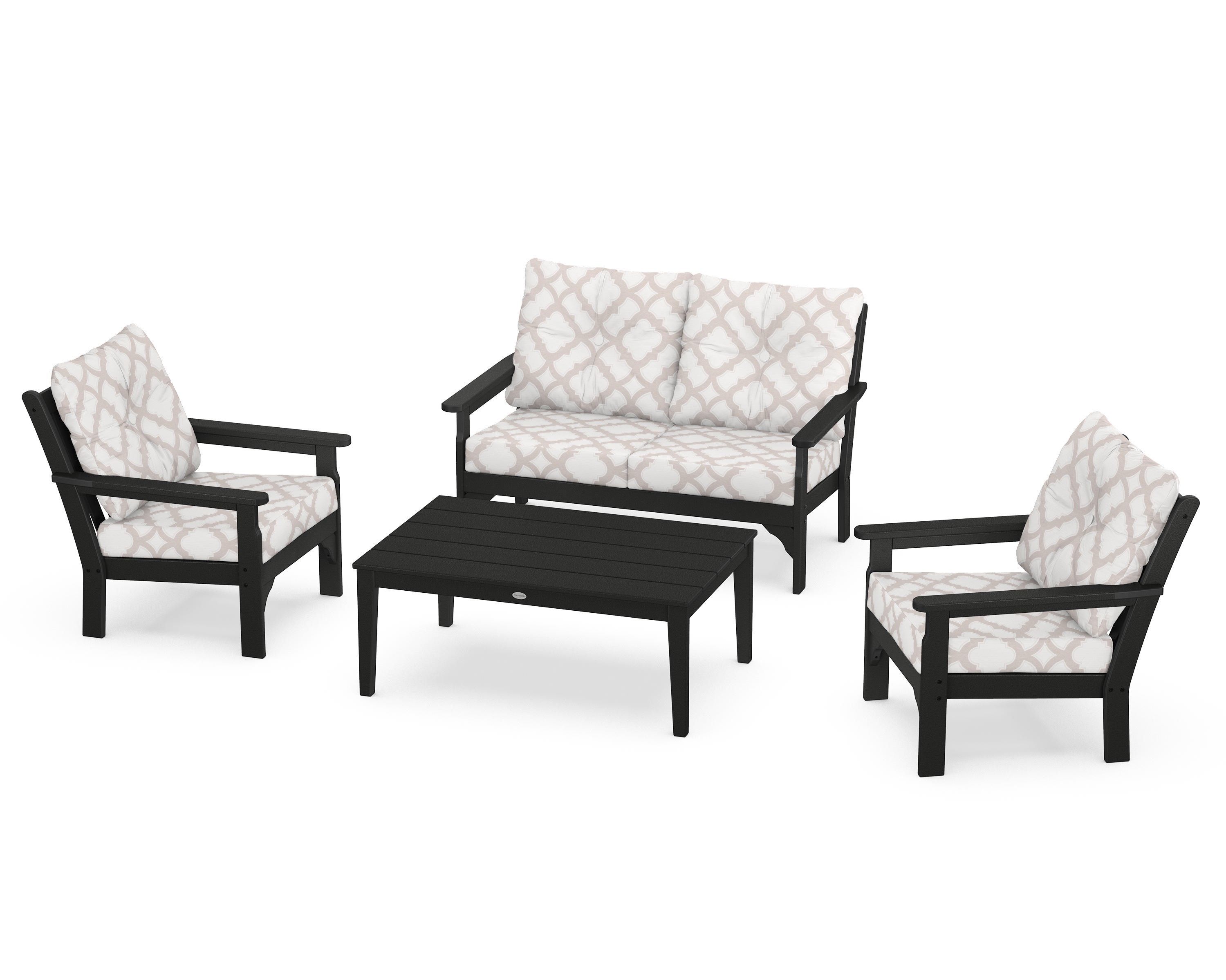 POLYWOOD® Vineyard 4-Piece Deep Seating Set in Black / Trellis Dune Burlap