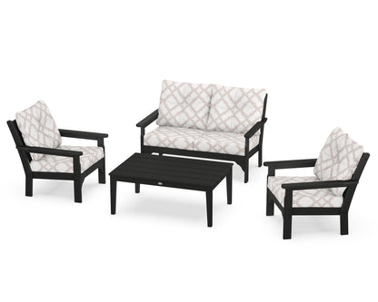 POLYWOOD® Vineyard 4-Piece Deep Seating Set in Black / Trellis Dune Burlap