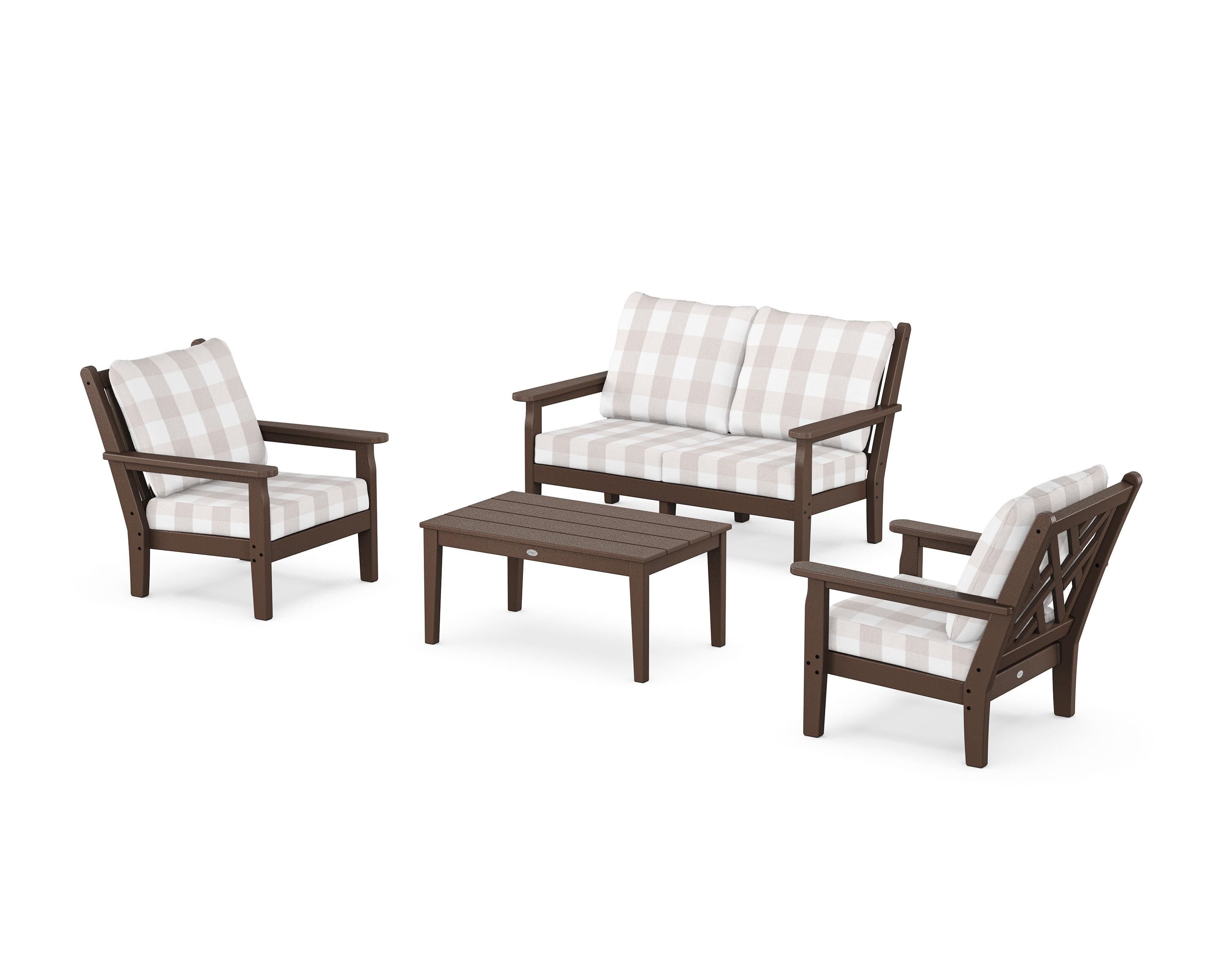 POLYWOOD® Chippendale 4-Piece Deep Seating Set with Loveseat in Mahogany / Buffalo Plaid Dune Burlap
