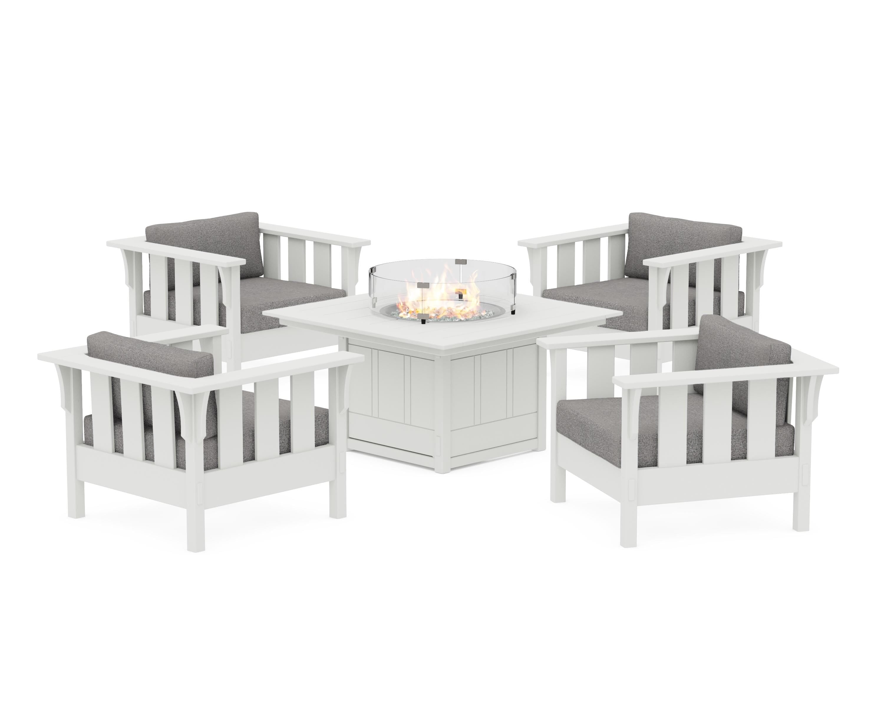 Martha Stewart by POLYWOOD® Acadia 5-Piece Deep Seating Set with Fire Pit Table in White / Grey Mist
