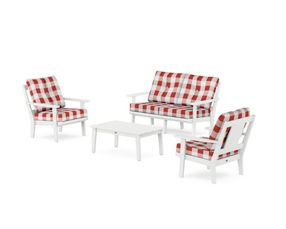 POLYWOOD® Prairie 4-Piece Deep Seating Set with Loveseat in White / Buffalo Plaid Crimson