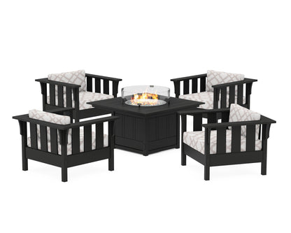 Martha Stewart by POLYWOOD® Acadia 5-Piece Deep Seating Set with Fire Pit Table in Black / Trellis Dune Burlap