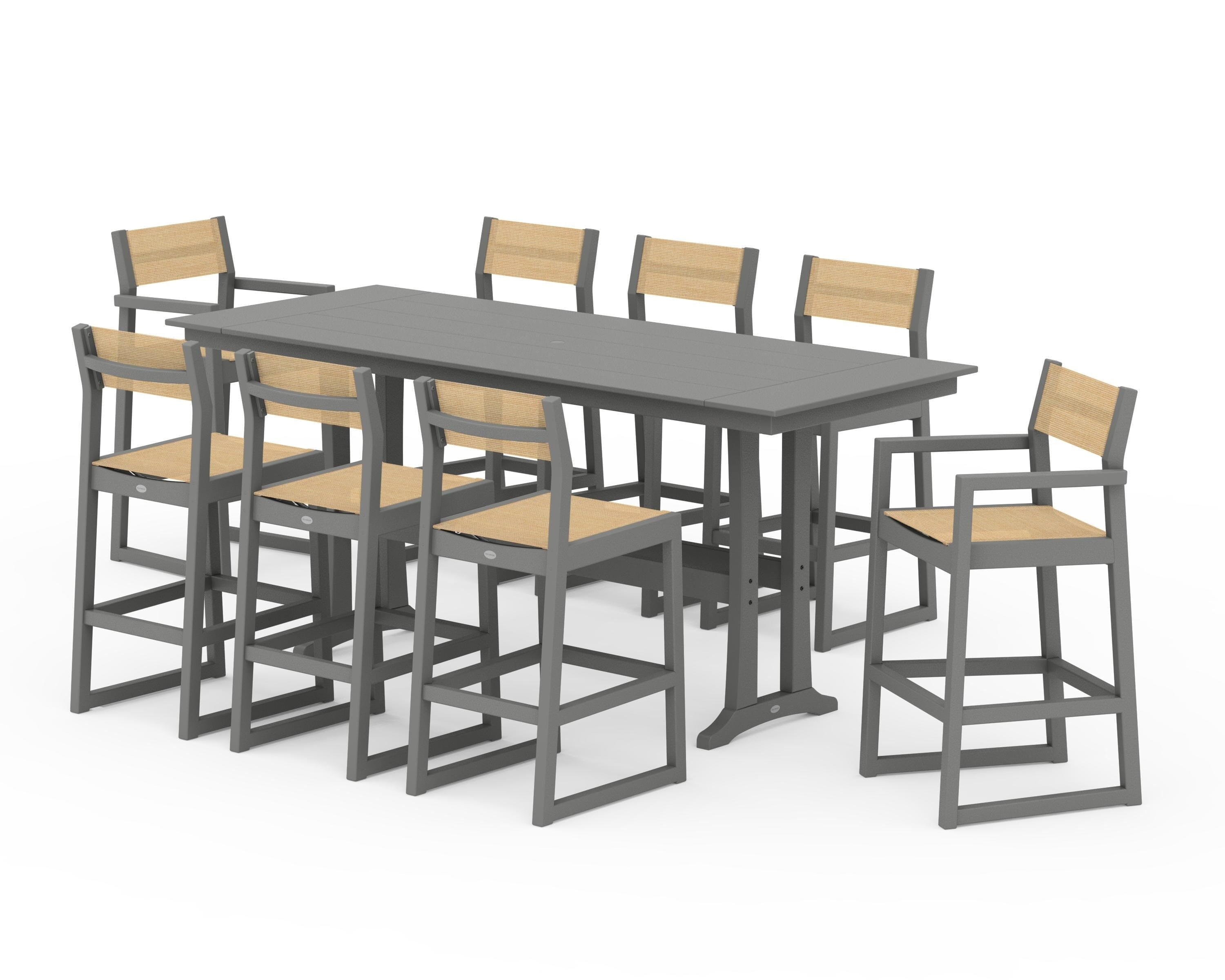 POLYWOOD® EDGE Sling 9-Piece Farmhouse Bar Set with Trestle Legs in Slate Grey / Dupioni Apricot Sling