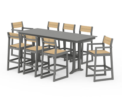 POLYWOOD® EDGE Sling 9-Piece Farmhouse Bar Set with Trestle Legs in Slate Grey / Dupioni Apricot Sling