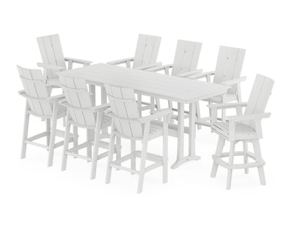 POLYWOOD® Modern Curveback Adirondack Swivel 9-Piece Farmhouse Bar Set with Trestle Legs in White