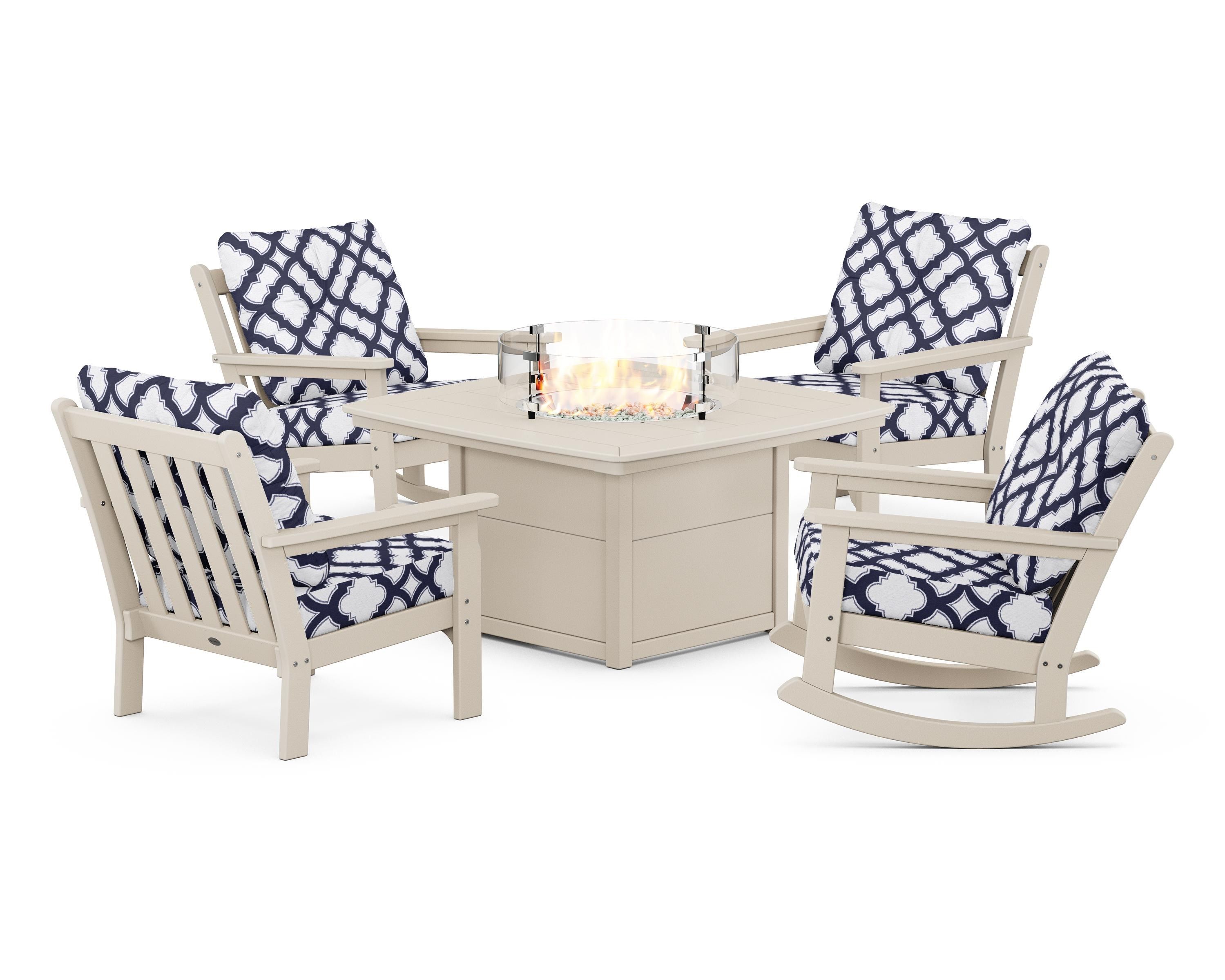 POLYWOOD® Vineyard 5-Piece Deep Seating Rocking Chair Conversation Set with Fire Pit Table in Sand / Trellis Navy