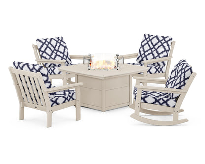 POLYWOOD® Vineyard 5-Piece Deep Seating Rocking Chair Conversation Set with Fire Pit Table in Sand / Trellis Navy