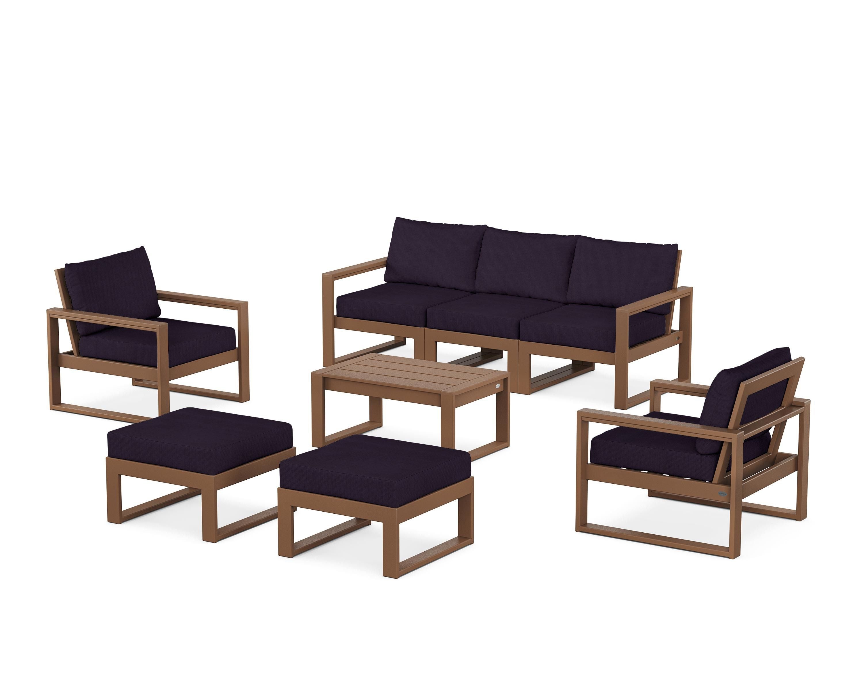 POLYWOOD® EDGE Sectional 8-Piece Lounge Sofa Set in Teak / Navy Linen