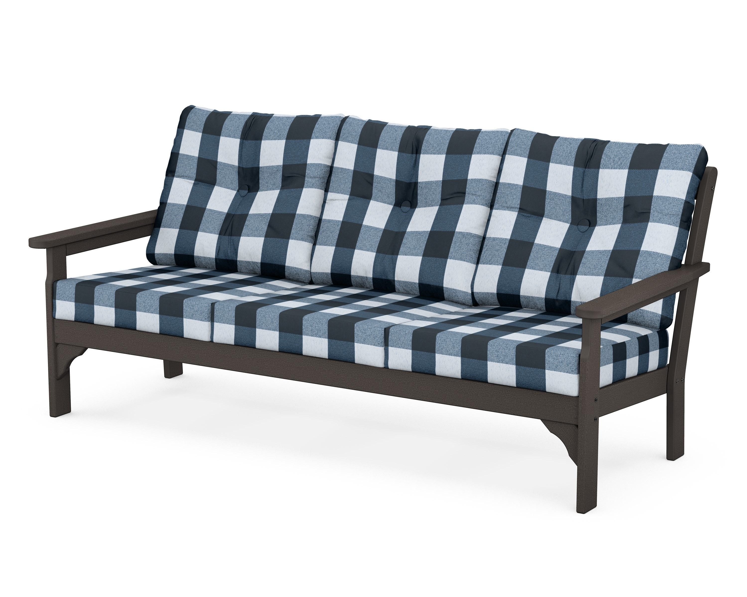 POLYWOOD® Vineyard Deep Seating Sofa in Vintage Coffee / Buffalo Plaid Marine Indigo