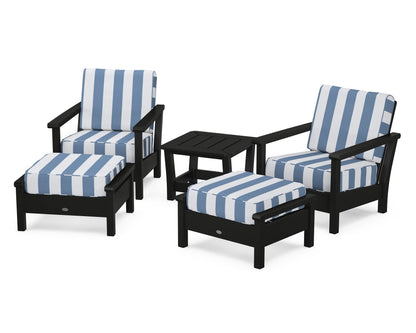 POLYWOOD® Harbour 5-Piece Deep Seating Chair Set in Black / Cabana Stripe Sky Blue