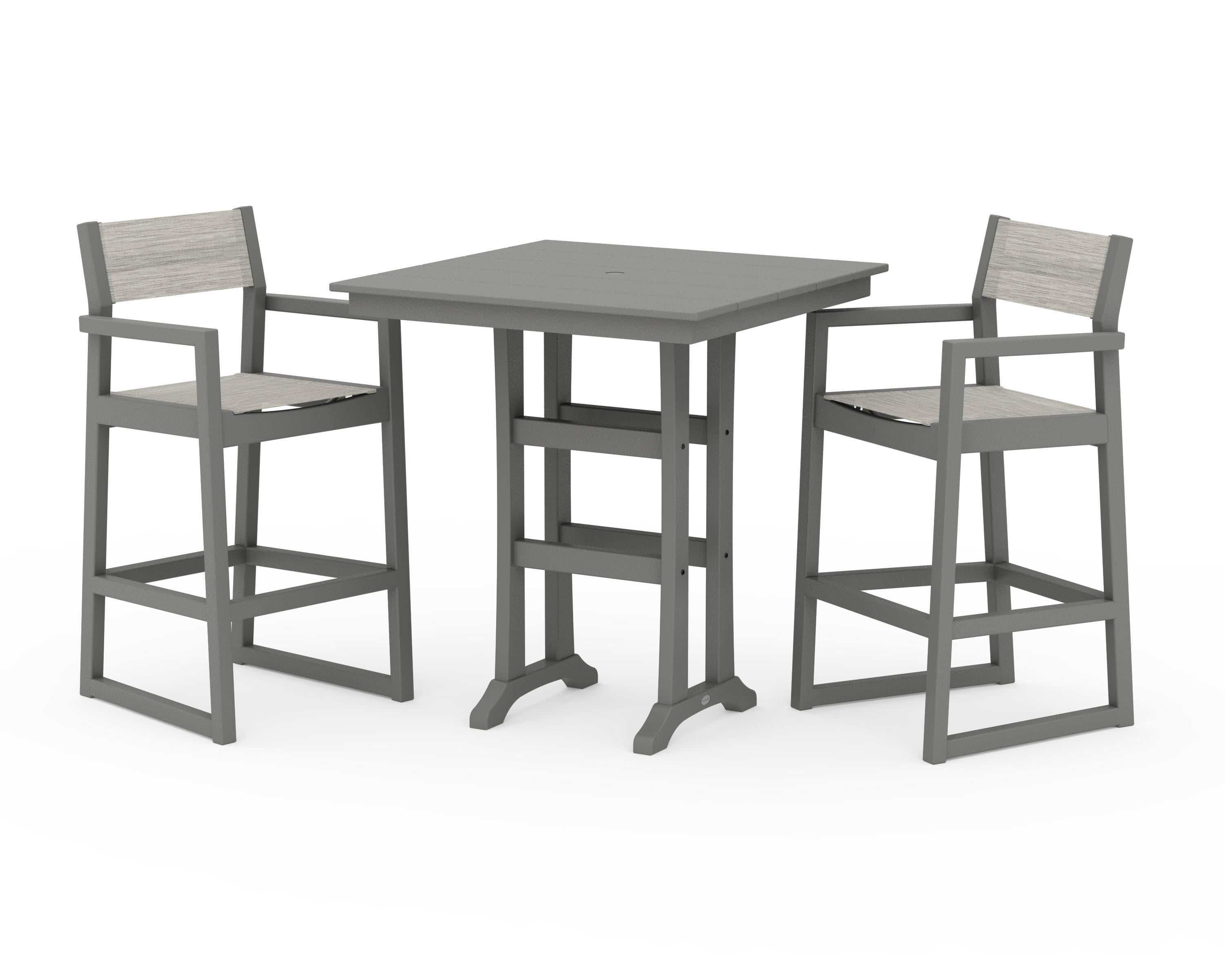 POLYWOOD® EDGE Sling Arm Chair 3-Piece Farmhouse Bar Set with Trestle Legs in Slate Grey / Birch Sling