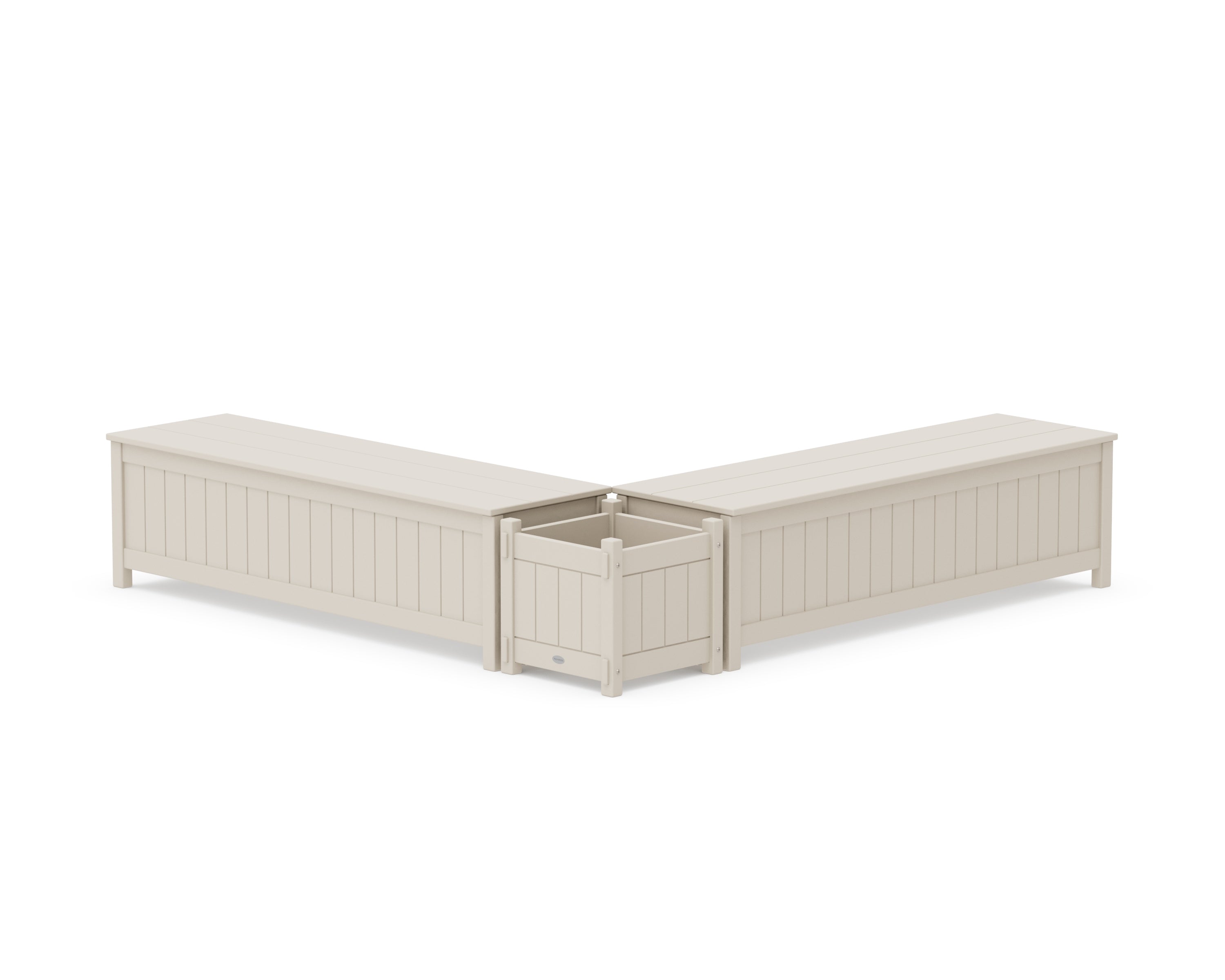 POLYWOOD® 60" Vineyard L- Shaped Planter Storage Bench Set in Sand