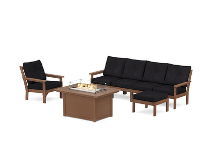 POLYWOOD® Vineyard Sectional Lounge and Fire Pit Set in Teak / Midnight Linen