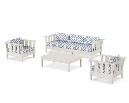 Martha Stewart by POLYWOOD® Acadia 4-Piece Deep Seating Set with Sofa in Sand / Trellis Sky Blue