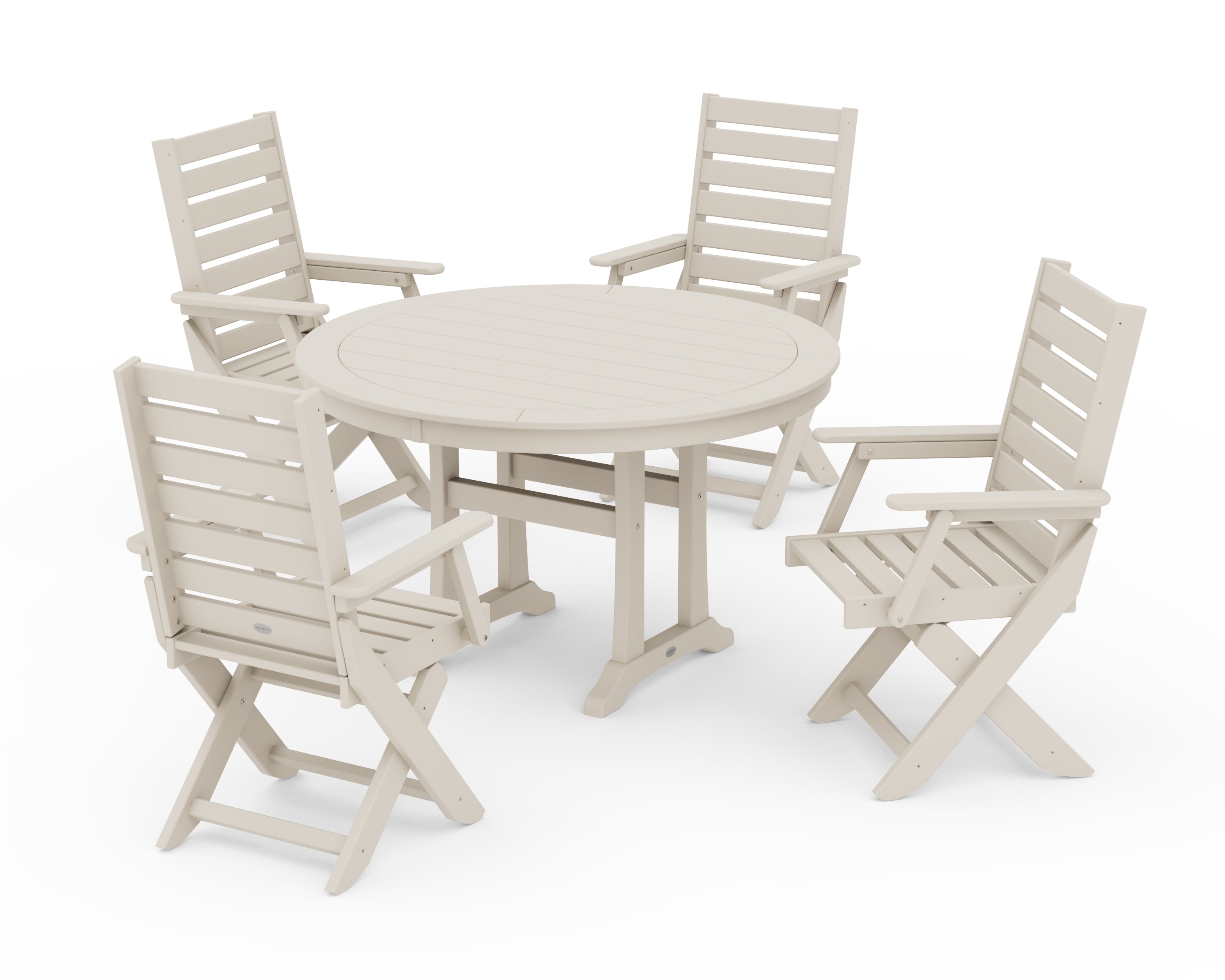POLYWOOD® Captain Folding Chair 5-Piece Round Dining Set with Trestle Legs in Sand