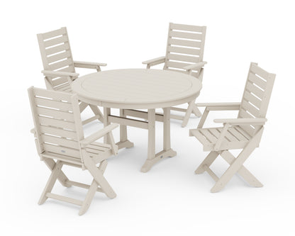 POLYWOOD® Captain Folding Chair 5-Piece Round Dining Set with Trestle Legs in Sand